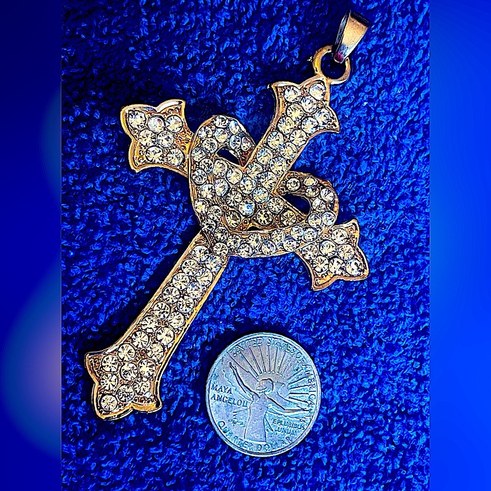 ♥️ crystal Clear cross💙 New vintage 💜 necklace heart sparkly bling gold tone